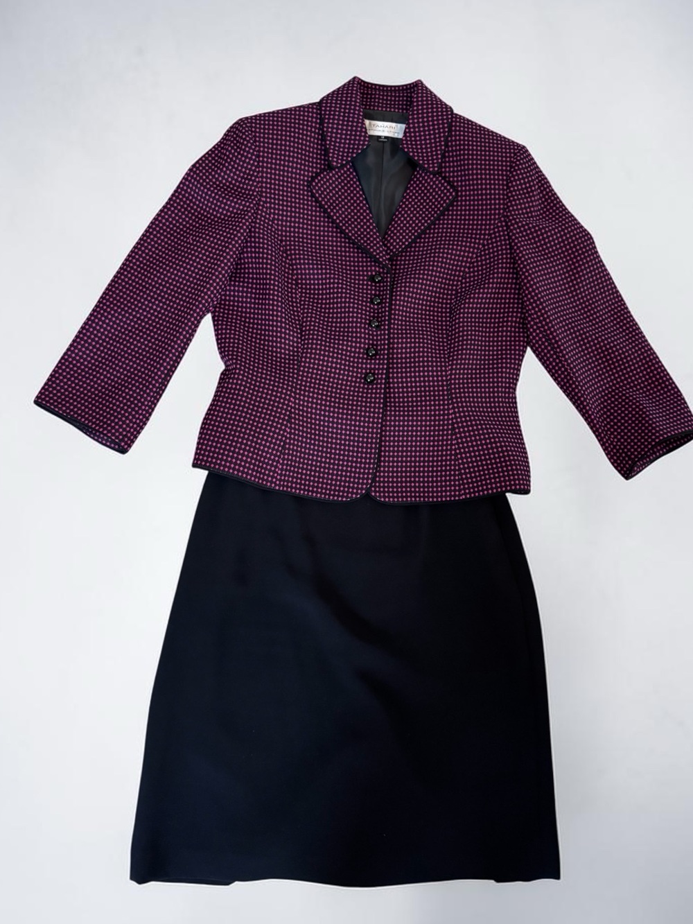 Tahari Arthur S. Levine Magenta Black Dot Suit Set Jacket Pencil Skirt Size 12